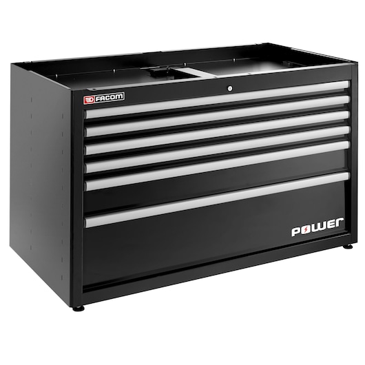 Facom JLS3-MBDPOWERBS black tool chest with six drawers, photographed at front angle on white background.