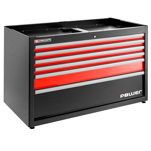 Photo of Facom JLS3-MBDPOWER black and red tool chest with seven drawers, angled front view on white background.