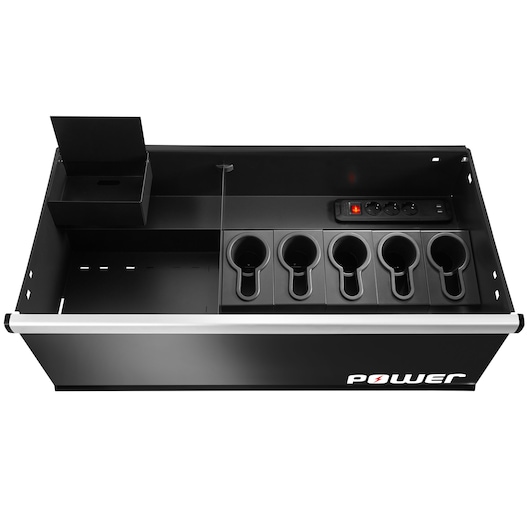 Facom JLS3-MBDPOWER tool drawer with six tool holders, black finish, integrated power strip, front angle.