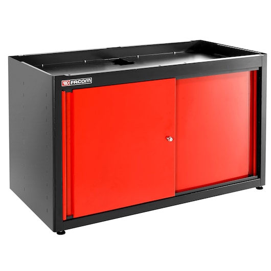 Facom JLS3-MBDPP cabinet with red sliding doors and black frame, angled front view on white background.