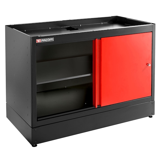 Facom JLS3-MBDPP storage cabinet with black frame, red sliding door, and interior shelf, front angle, white background.