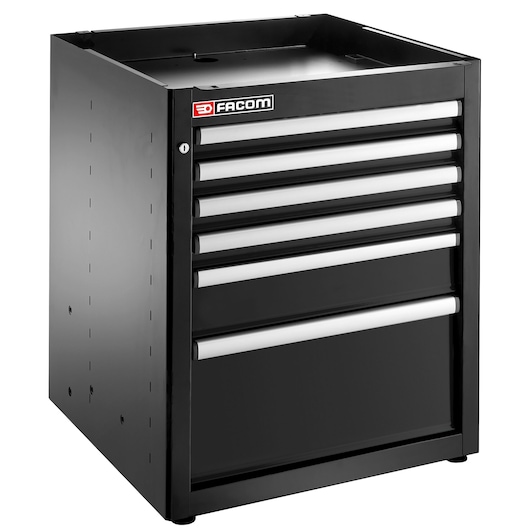 Facom JLS3-MBS6TBS black tool chest with six drawers, angled front view, white background.