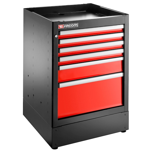 Facom JLS3-MBS6T tool chest with six red drawers, black frame, left front angle, white background.