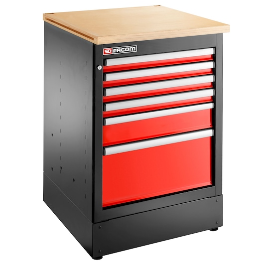 Facom JLS3-MBS6T photography of a black and red tool chest with six drawers and a wooden top, front angle.