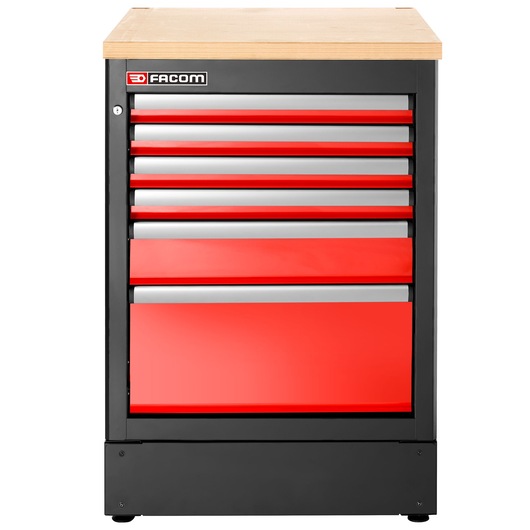 Facom JLS3-MBS6T tool chest with six red drawers and wood top, front angle on white background.