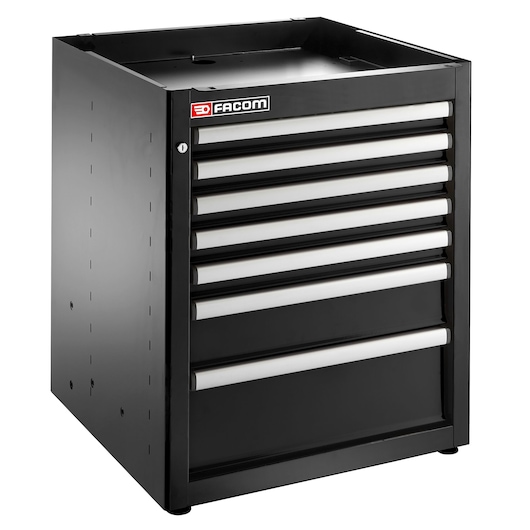 Facom JLS3-MBS7TBS black tool cabinet with seven drawers, angled front view, white handles, photography on white background.