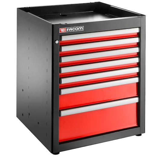Facom JLS3-MBS7T black and red tool chest with seven drawers, front angle, on white background.