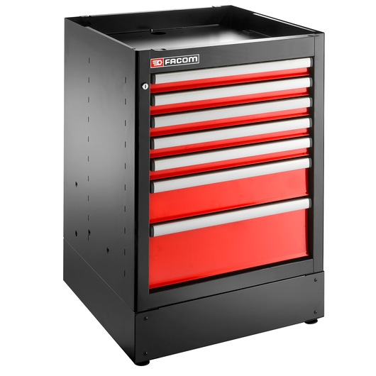 Facom JLS3-MBS7T tool cabinet with seven red drawers, black metal body, three-quarter front angle.