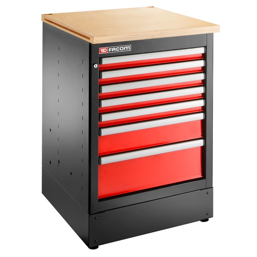 Photo of Facom JLS3-MBS7T tool chest with seven red drawers, black steel sides, and wood top, front angle.