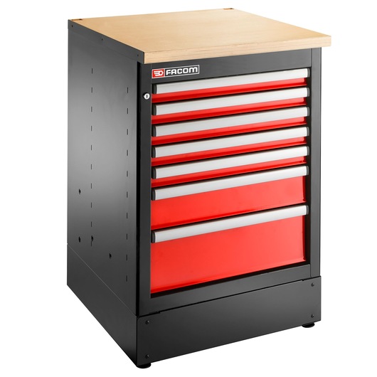 Facom JLS3-MBS7T photography of red and black tool cabinet with seven drawers and wood top, angled view.