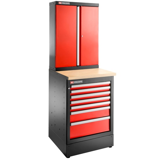 Facom JLS3-MBS7T tool cabinet with red drawers and upper storage, photography, front angle.