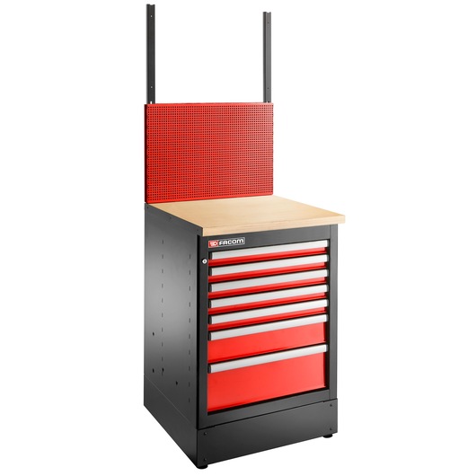 Facom JLS3-MBS7T tool chest with red drawers, wood top, and perforated panel, front angle photo.