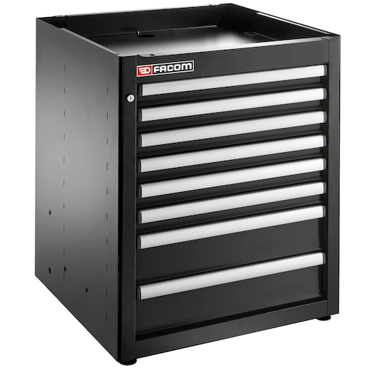 Facom JLS3-MBS8TBS black tool chest with eight drawers, angled front view on white background.