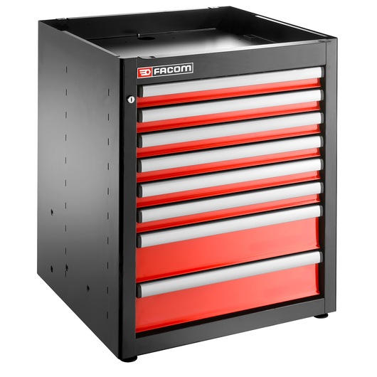 Facom red and black tool chest with eight drawers, angled front view, JLS3-MBS8T_A1.