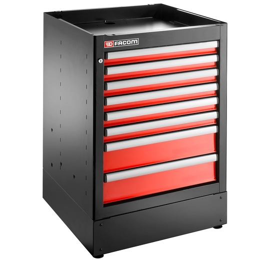 Photo of Facom JLS3-MBS8T tool cabinet with eight red drawers, black frame, angled view on white background.