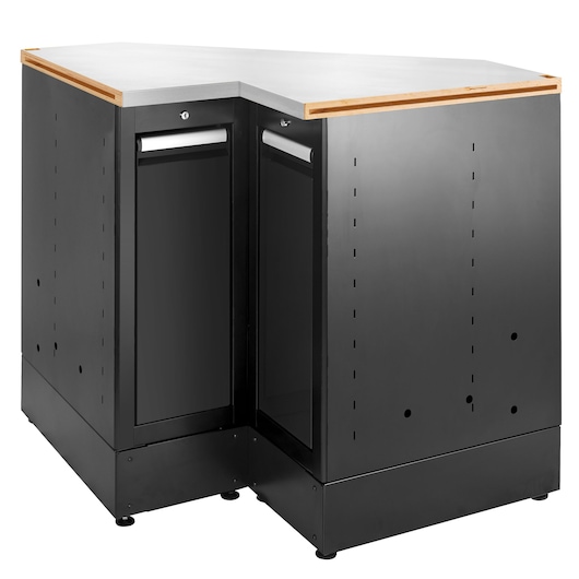 Facom JLS3-MBSCSGBS black metal corner cabinet with wood trim and two front doors, studio angle.