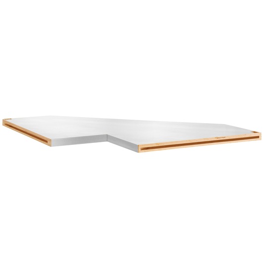 Facom JLS3-MBSCSG L-shaped worktop with light wood edges and white surface, front angle on white background.