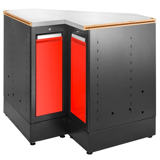Photo of Facom JLS3-MBSCSG modular corner cabinet with black body, red doors, and wood-edged worktop, angled view.