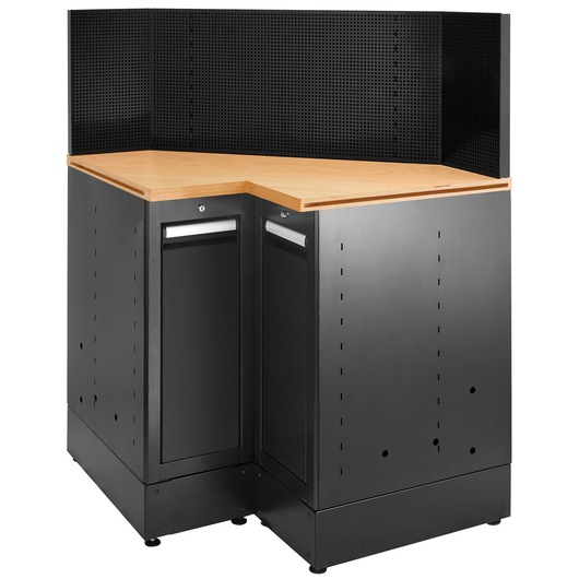 Facom JLS3-MBSCSWBS corner workstation with black metal cabinets, wood countertop, and black pegboard, photography, front angle.