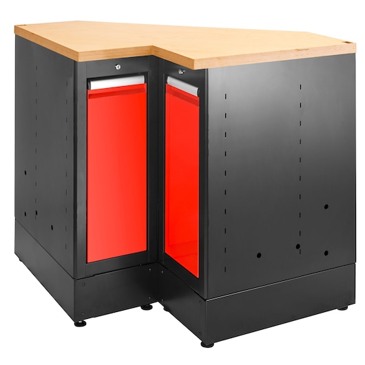 Facom JLS3-MBSCSW black and red corner cabinet with wood worktop, shown at three-quarter angle on white background.