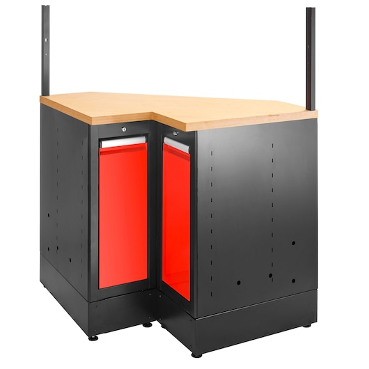 Facom corner workshop cabinet JLS3-MBSCSW with black body, red drawers, and wooden top, front angle.