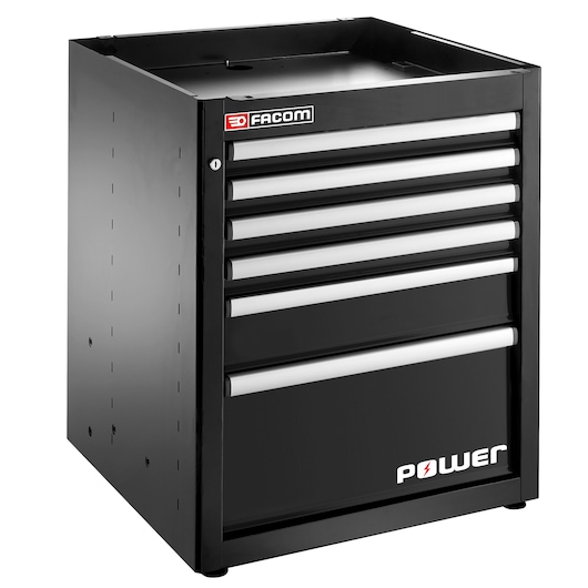 Facom JLS3-MBSPOWERBS tool storage cabinet, black metal, six drawers, POWER logo, angled product photo.