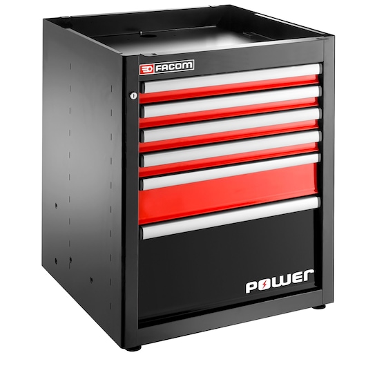 Facom JLS3-MBSPOWER black and red tool chest with six drawers, photographed at an angle on white background.