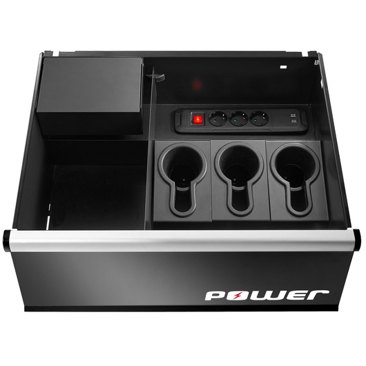 Facom JLS3-MBSPOWER drawer organizer with three tool holders, power strip, USB ports, and black finish, front angle.