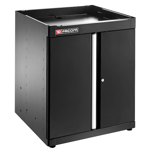 Facom black metal storage cabinet with double doors, photographed at an angle, JLS3-MBSPPBS.