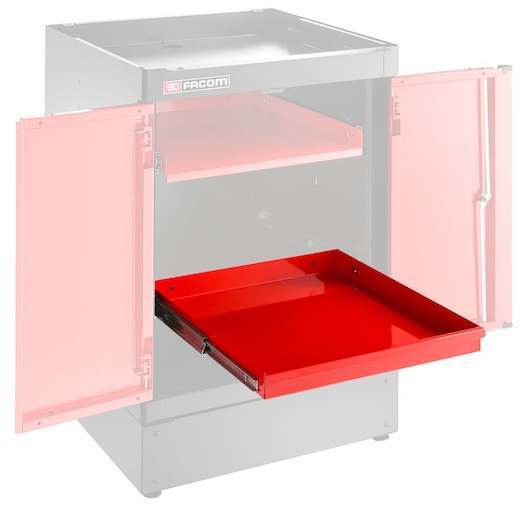 Facom JLS3-MBSPPSSH tool cabinet with one red sliding tray and open doors, product shown at angle on white background.