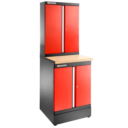 Facom JLS3-MBSPP metal storage cabinet with red double doors, black sides, and wood worktop, front angle on white.
