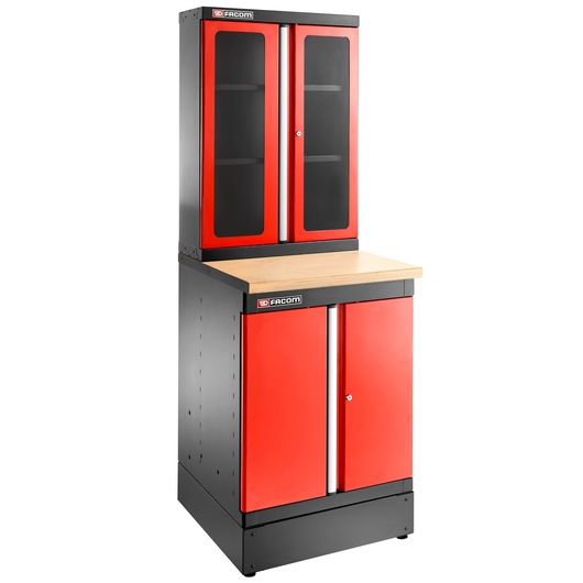 Facom JLS3-MBSPP photography of a red and black metal storage cabinet with wood countertop, front angle.