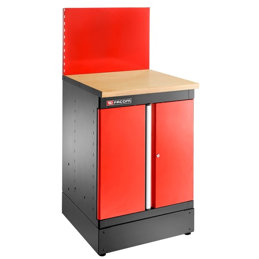 Facom JLS3-MBSPP photography of red and black cabinet with wood top, front angle, white background.