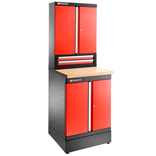 Facom JLS3-MBSPP tool storage cabinet with red doors, wood top and metal drawers, front angle, white background.