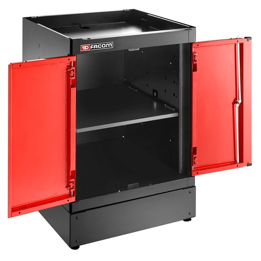 Facom JLS3-MBSPP black metal storage cabinet with two open red doors, shelf, and white background, front view.
