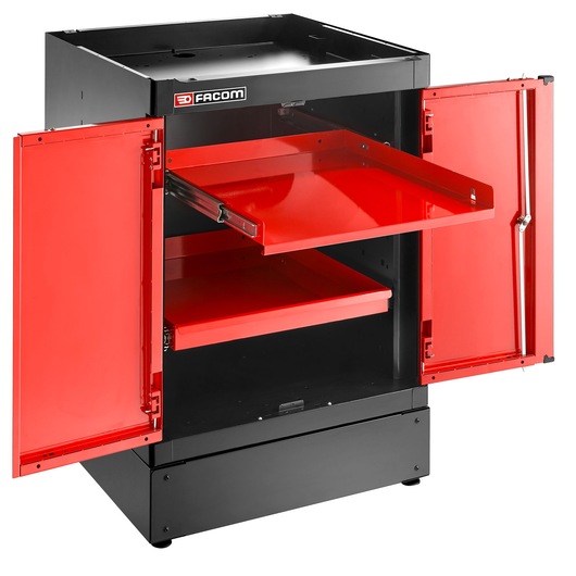 Facom JLS3-MBSPP tool cabinet, black and red, double doors open, internal sliding tray, front angle view.