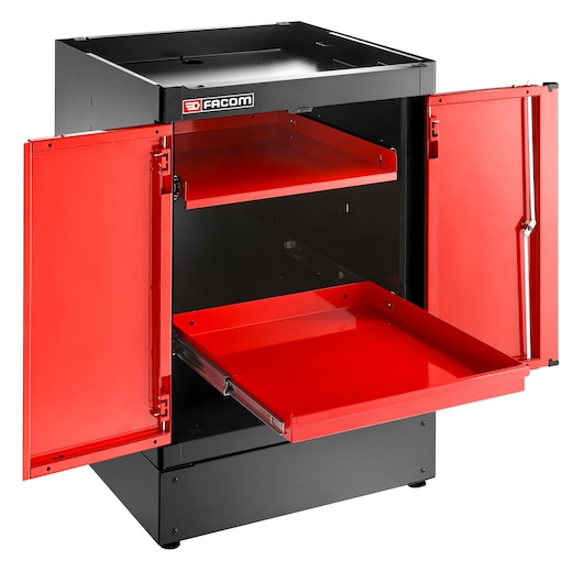 Facom JLS3-MBSPP metal storage cabinet with two red doors and pull-out red shelf, front angle photo.