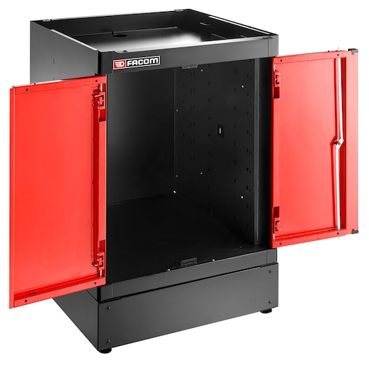 Facom JLS3-MBSPP tool cabinet with open red double doors, black steel frame, front angle, on white background.