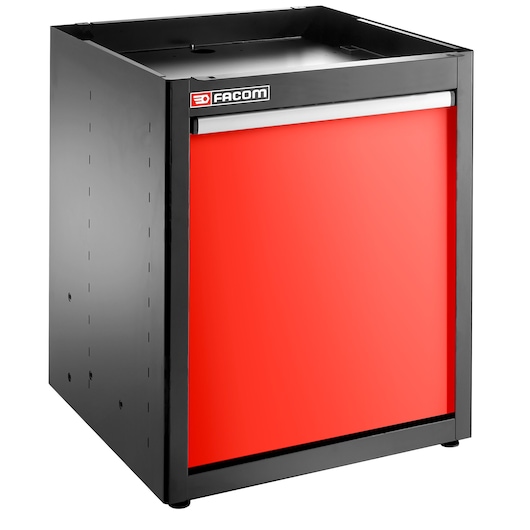 Facom JLS3-MBSSER black metal storage cabinet with single red door, front angle, on white background.