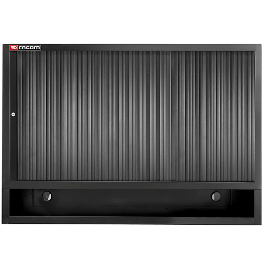 Facom JLS3-MHDRBS black metal wall cabinet with vertical ribbed rolling door, front view on white background.