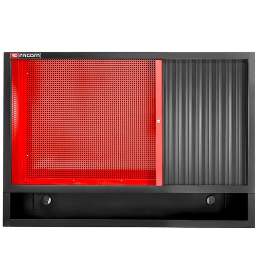 Facom JLS3-MHDR wall cabinet with red perforated metal sliding door and black grooved panel, front view.