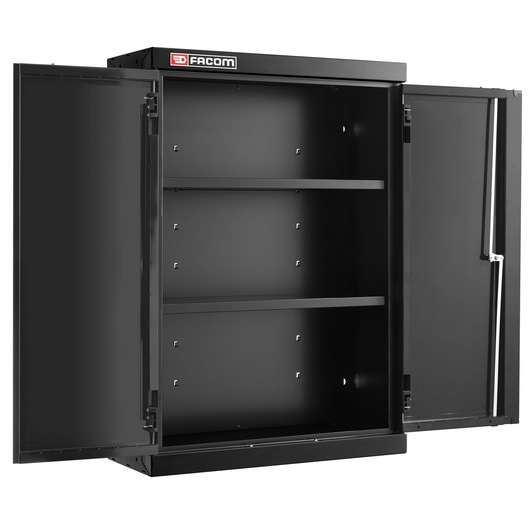 Facom JLS3-MHSPPBS black metal storage cabinet with two open doors and two shelves, front angle, white background.