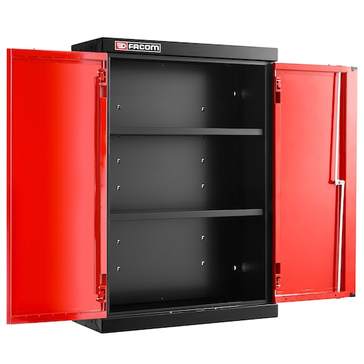Facom JLS3-MHSPP metal storage cabinet with two open red doors and two black interior shelves, front angle.