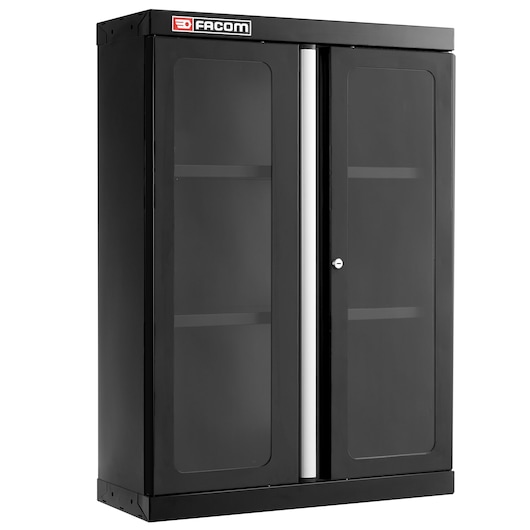 Facom JLS3-MHSPVBS black wall-mounted storage cabinet with glass doors, front angle, white background.