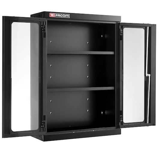 Facom JLS3-MHSPVBS black wall cabinet with glass doors open, two interior shelves, front angle, white background.