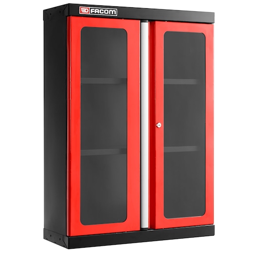 Facom JLS3-MHSPV wall cabinet with red and black steel frame, glass front doors, side angle.