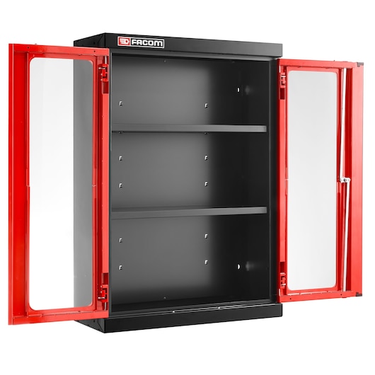 Facom JLS3-MHSPV wall cabinet with two red framed glass doors, black shelves, front angle, doors open.