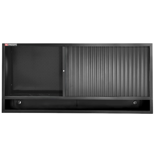 Facom JLS3-MHTRBS black metal wall cabinet with perforated panel and ribbed sliding door, front view.