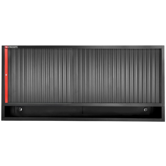 Facom JLS3-MHTR wall-mounted tool cabinet with black ribbed sliding doors, red accent, front angle.