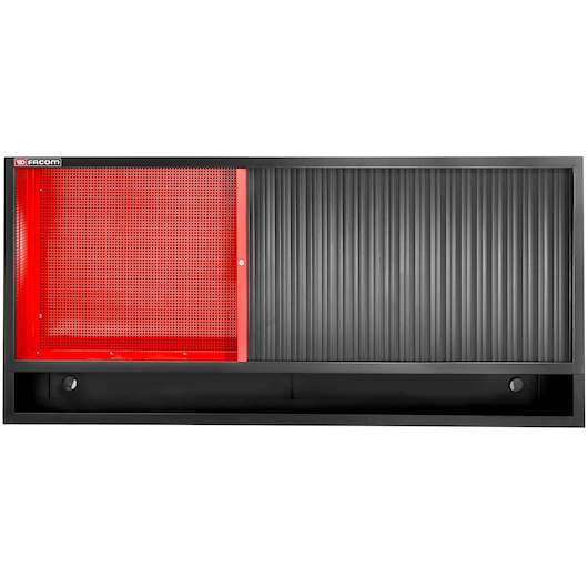 Facom JLS3-MHTR wall cabinet with red perforated metal door and black ribbed sliding door, front angle.